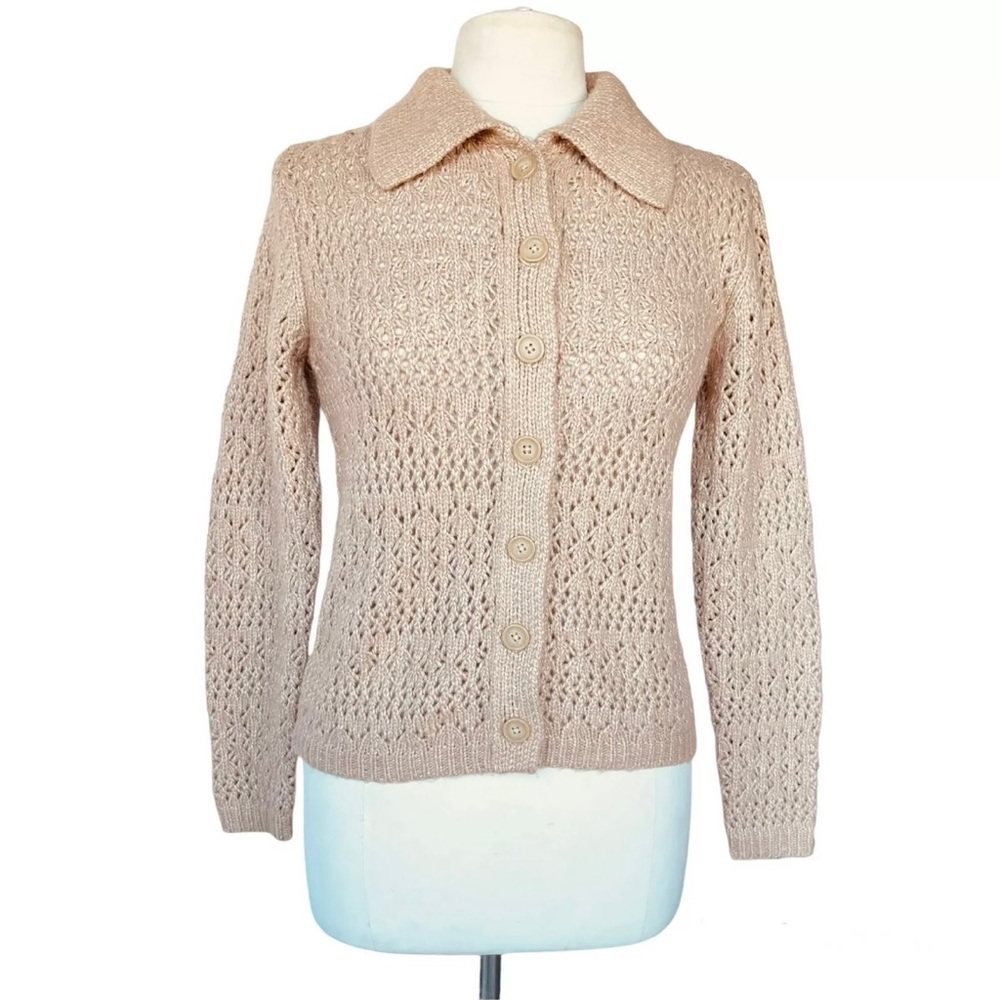 Joie Cardigan Sweater Brown Long Sleeve Collar Open Knit Crochet Women’s Size S - Picture 4 of 5